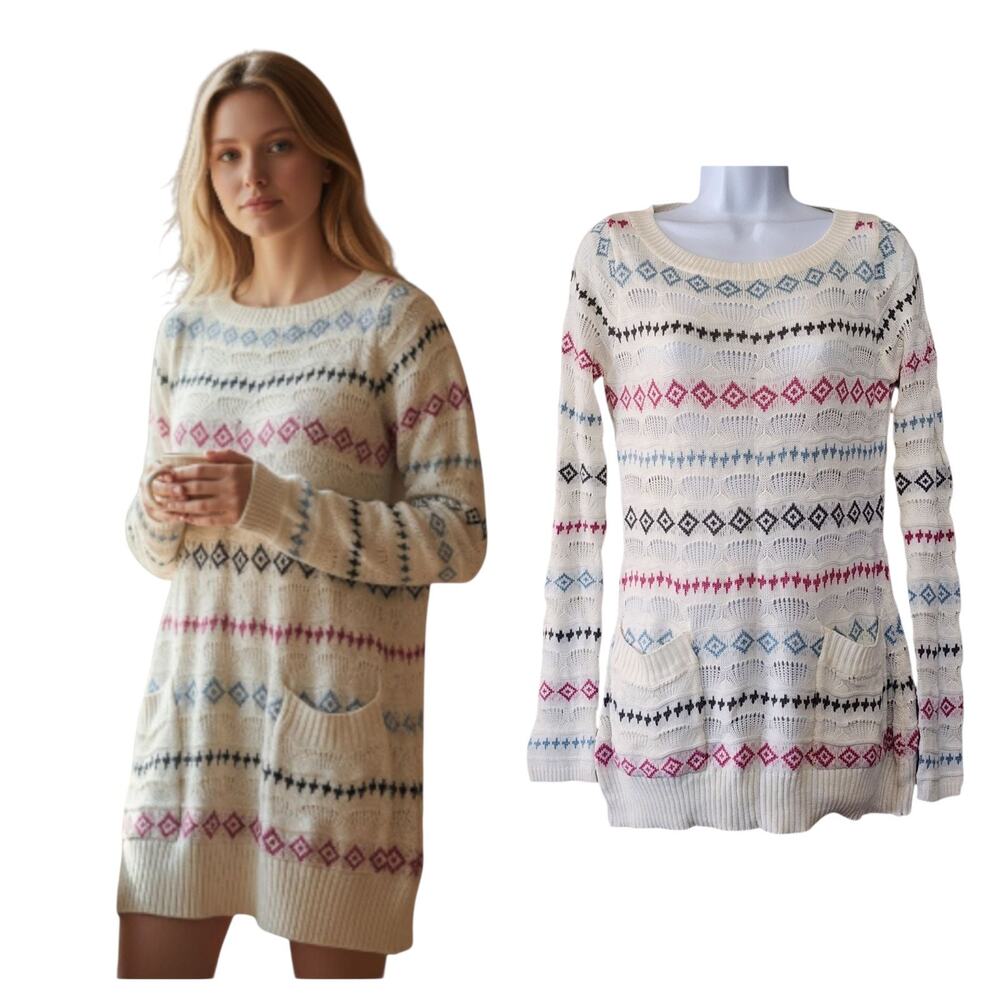 Tulle Womens Pullover Sweater Size S White Diamond Pockets Lightweight Tunic